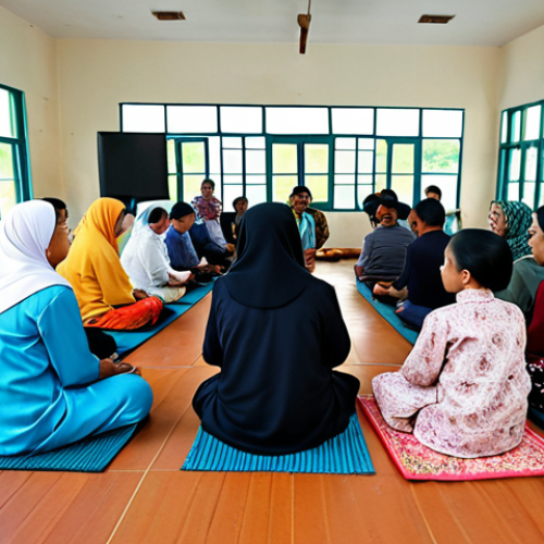 Home 4 A diverse group of Malaysian individuals, men and women of various ages, fully clothed in modest, culturally appropriate attire such as baju kurung and baju melayu, respectfully gathered in a warm, inviting community hall. They are sharing a communal meal laid out on traditional mats, engaged in quiet conversation and mutual support. The atmosphere is solemn yet comforting, reflecting community solidarity during a remembrance gathering. Soft, natural lighting filters in from large windows. safe for work, appropriate content, family-friendly, perfect anatomy, correct proportions, natural pose, well-formed hands, proper finger count, natural body proportions, professional photography, high quality.